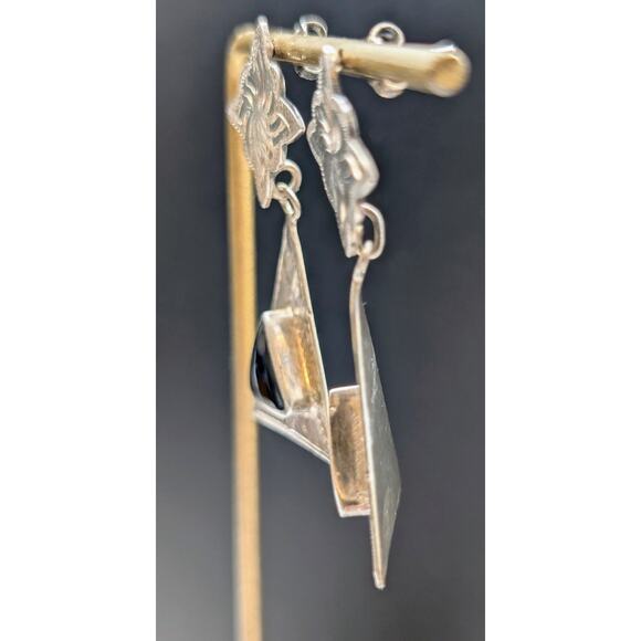 Vintage 925 LEX Sterling Silver Black Onyx Dangle Post Earrings - Picture 3 of 7